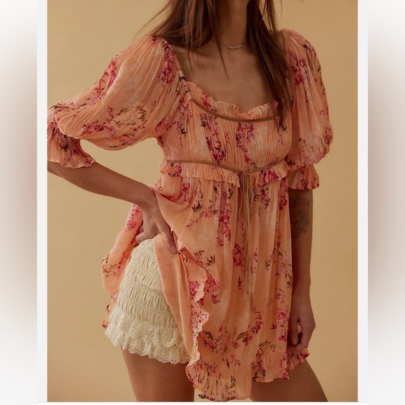 NWOT Free People Marney Mini Dress Floral Printed Puff Sleeve Ribbon Ruffle S - Picture 5 of 8